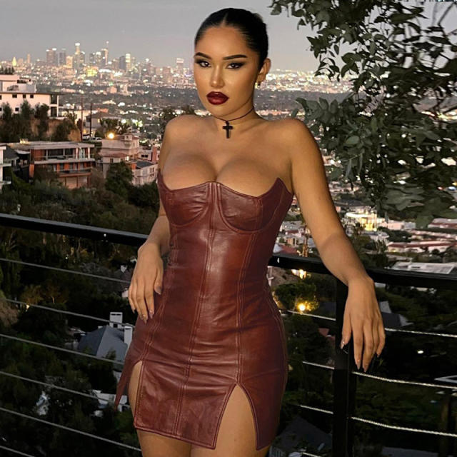 PU Off Shoulder Clubwear Women Faux Leather Mini Dress PQ13532