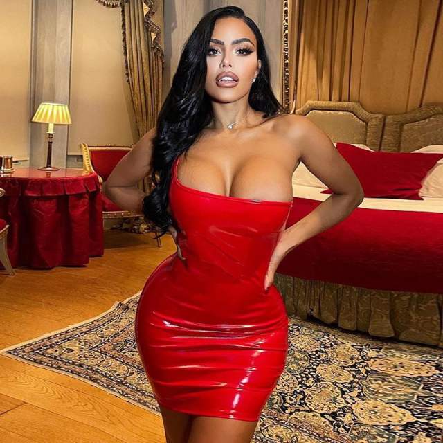Wetlook PU Club Wear Woman One Shoulder Faux Leather Mini Dress PQ1498
