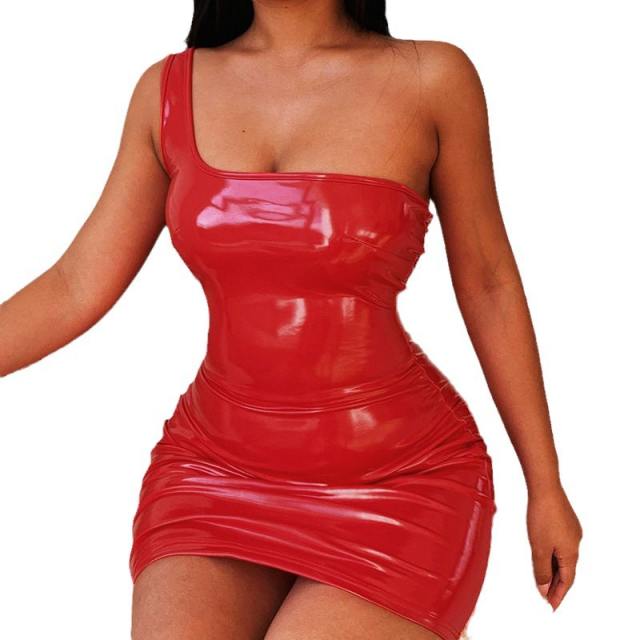 Wetlook PU Club Wear Woman One Shoulder Faux Leather Mini Dress PQ1498