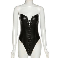 Faux Leather Teddy Lingerie Woman Lace-up PU Sexy Bodysuit PQ14413