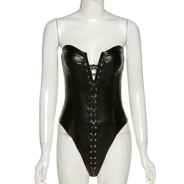 Faux Leather Teddy Lingerie Woman Lace-up PU Sexy Bodysuit PQ14413