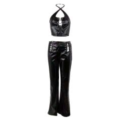 2PCS PU Tops with Pant Woman Sexy Clubwear Faux Leather Streetwear PQ1504