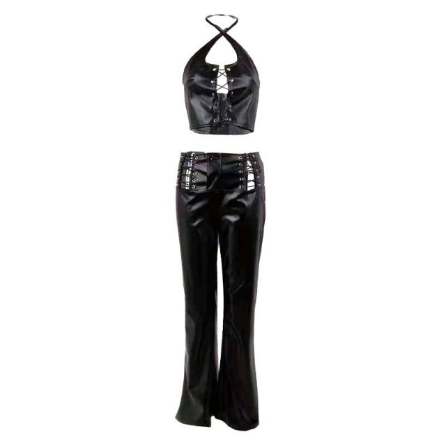 2PCS PU Tops with Pant Woman Sexy Clubwear Faux Leather Streetwear PQ1504