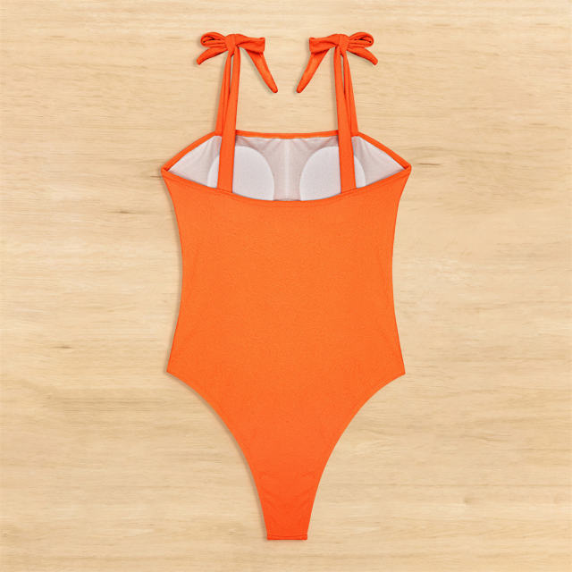 Textured One-Piece Orange Swimsuit Vintage Solid Color Swimwear PQ4049