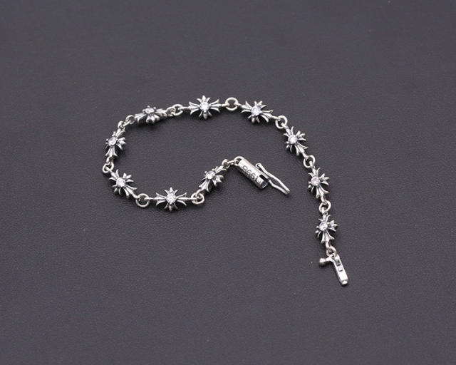 925 sterling silver handmade vintage bracelets American European antique silver designer jewelry crosses link chain charm  bracelets with stones stylish fashionable punk style