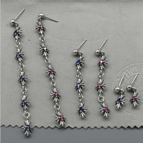 925 sterling silver crosses tassel stud earrings with red blue stones gothic punk style antique designer jewelry luxury accessories