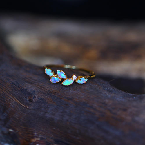 925 Sterling silver Delicate Leaf band ring Gold plated with Opal Stones Vintage Handmade Luxury Fine Jewelry Accessories