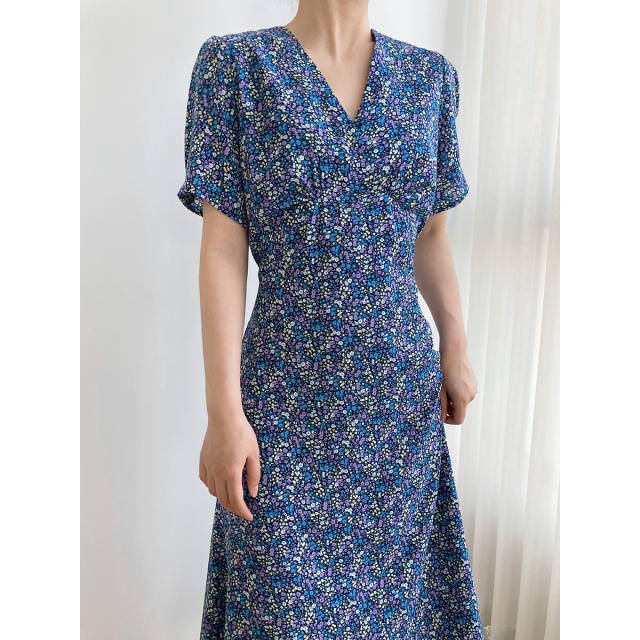 Women's Chiffon Narrow Waist V-neck Floral Dress Summer French Retro Tea Break Skirt