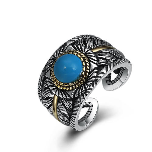 925 Sterling Silver Adjustable Band Rings Feather With Round Turquoise stone Vintage Gothic Punk Antique Designer Luxury Jewelry Accessories
