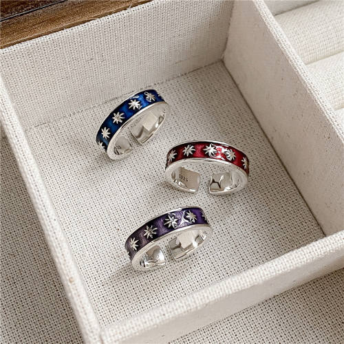 Stars Adjustable Band Ring 925 Sterling Silver Vintage Enamel Engagement Wedding Promise rings for Her US Size 6 7 Handmade Design Luxury Jewelry Accessories Gifts