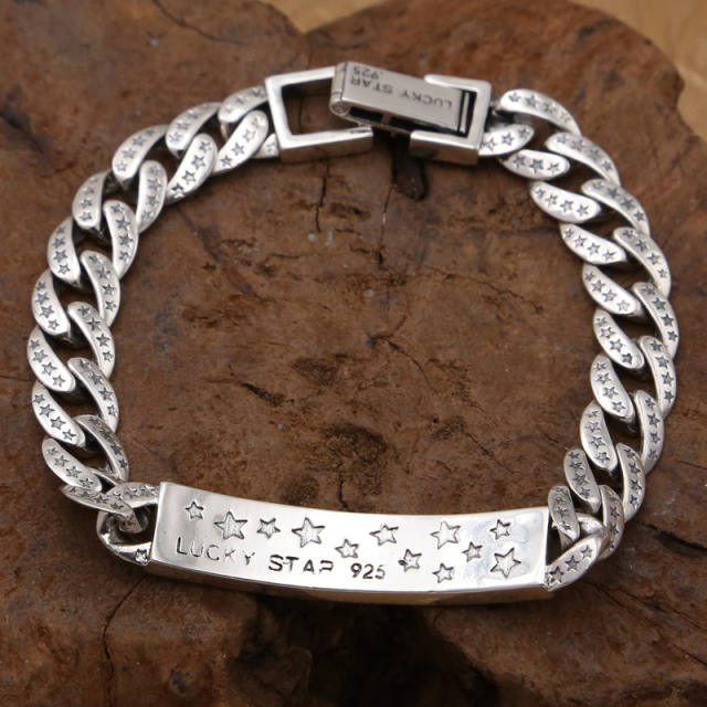 Chain Bracelets 925 Sterling Silver 18 20 cm Stars Links Antique Gothic Punk Vintage Handmade Chains Bracelet Flod back clasps Jewelry Accessories Gifts For Men