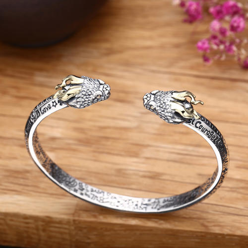 Double Dragon Heads Bangle Bracelet 925 Sterling Silver Gothic Punk Vintage Handmade Cuff Bracelets Jewelry Accessories Gifts For Men Women 56 mm ID
