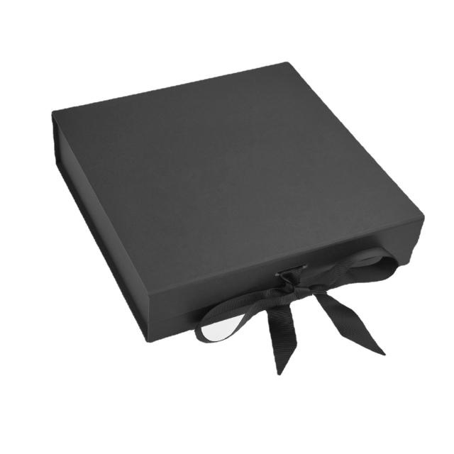 Black Medium Shallow Magnetic Gift Box with Ribbon