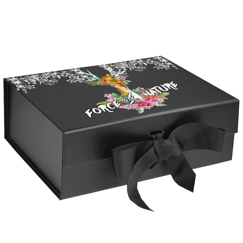 Custom logo on black magnetic gift box wholesale, magnetic closure gift box with ribbon