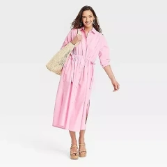 Universal Thread Women's Cinch Waist Midi Shirt Dress Cinched Waist, Pink, L