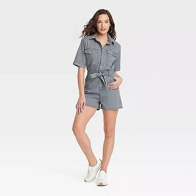 Women's Short Sleeve Denim Jumpsuit - Universal Thread Blue 4