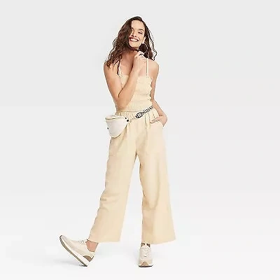 Women's Smocked Linen Maxi Jumpsuit - Universal Thread Tan XL