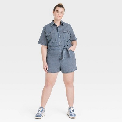 Women's Short Sleeve Denim Jumpsuit - Universal Thread Blue 4