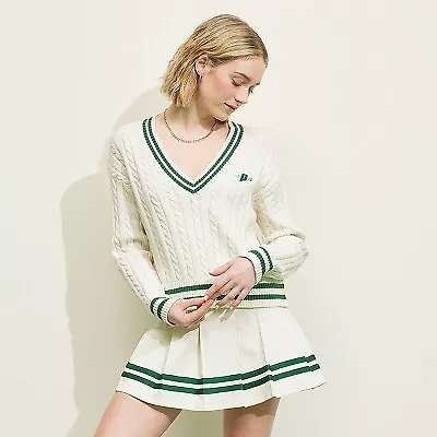 Prince Sports Women's Cable Knit Cardigan V-Neck Pullover Sweater, Cream/Green, XL