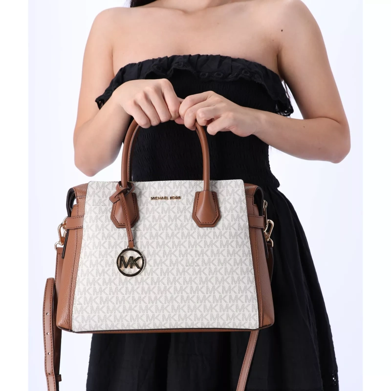 Michael Kors Mercer Medium Belt Shoulder Bag Crossbody Bag Vanilla MK Signature