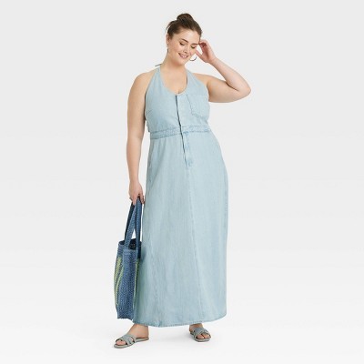 Universal Thread Women's Halter Summer Denim Maxi Dress, Light Blue, 8
