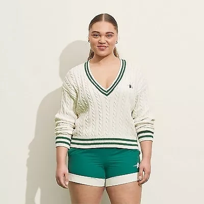 Prince Sports Women's Cable Knit Cardigan V-Neck Pullover Sweater, Cream/Green, XL