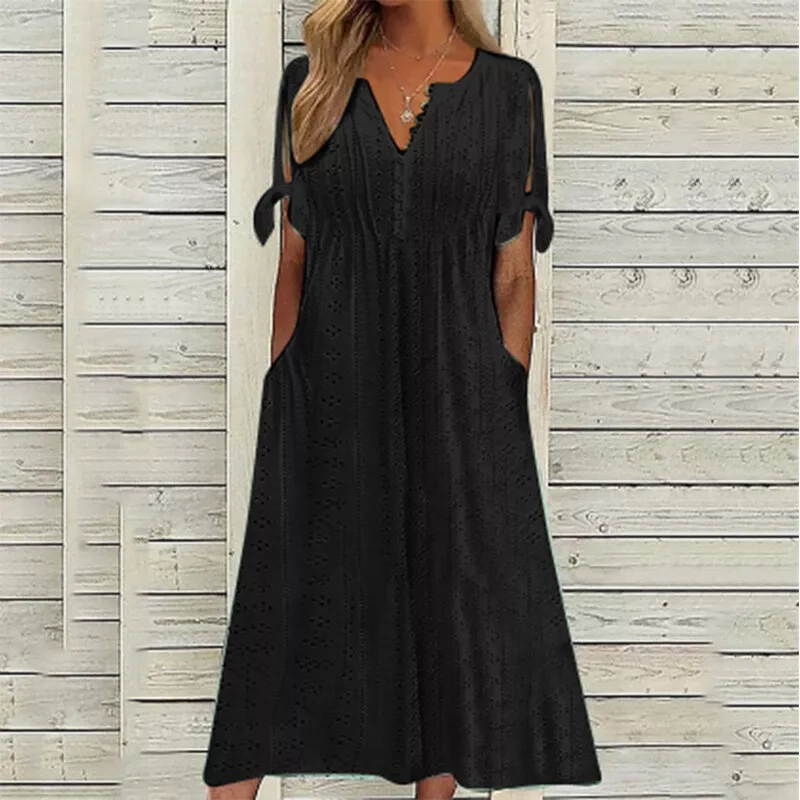 Ladies V Neck Long Dresses Women Summer Holiday Hawaiian Short Sleeve Sundress