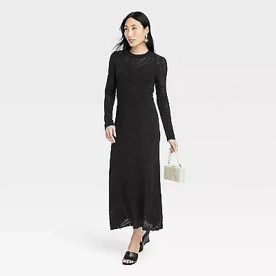 A New Day Women's Floral Pointelle Maxi Dress Long Sleeve, Black, XS