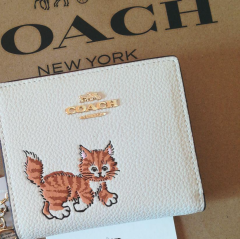 Coach Dancing Kitten Women's Pebble Leather Snap Wallet - Chalk White (CC472)