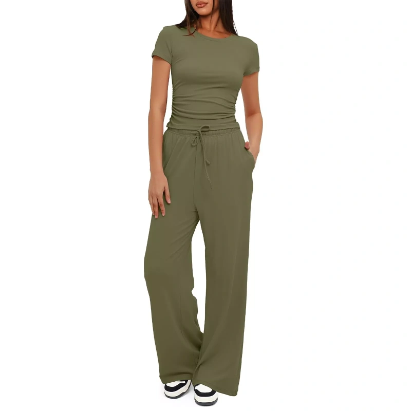 Women's 2 Piece Sports Outfits Sets Summer Short Sleeve Tops Wide Leg Pants Tracksuit