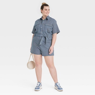 Women's Short Sleeve Denim Jumpsuit - Universal Thread Blue 4