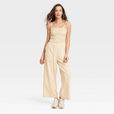 Women's Smocked Linen Maxi Jumpsuit - Universal Thread Tan XL