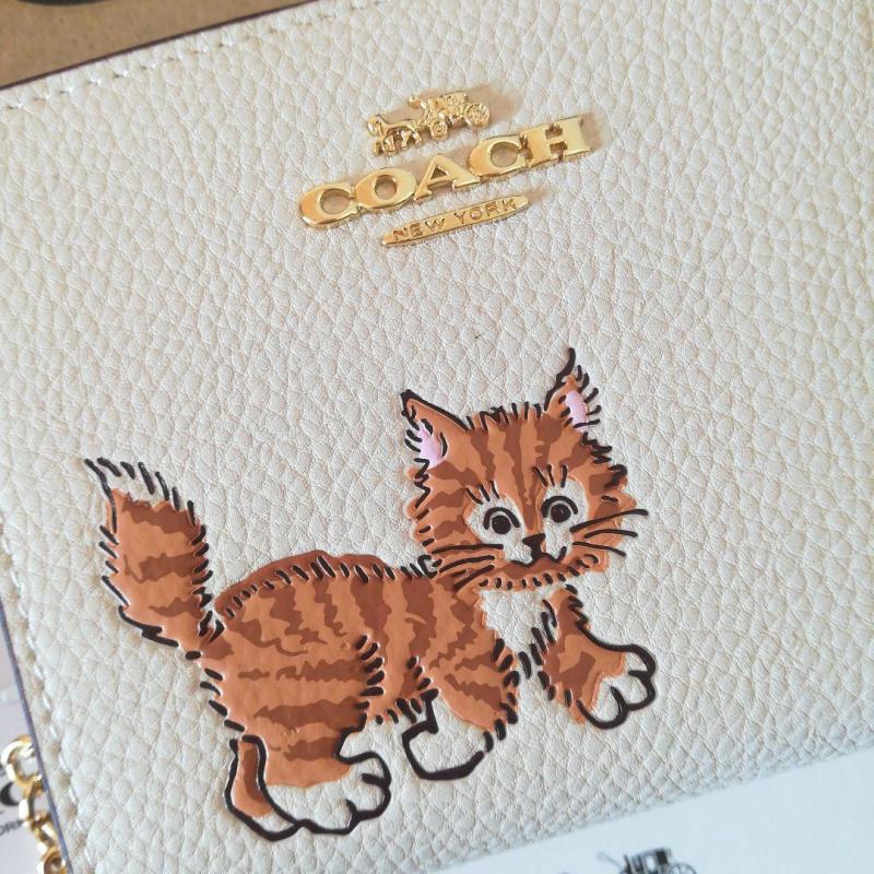 Coach Dancing Kitten Women's Pebble Leather Snap Wallet - Chalk White (CC472)
