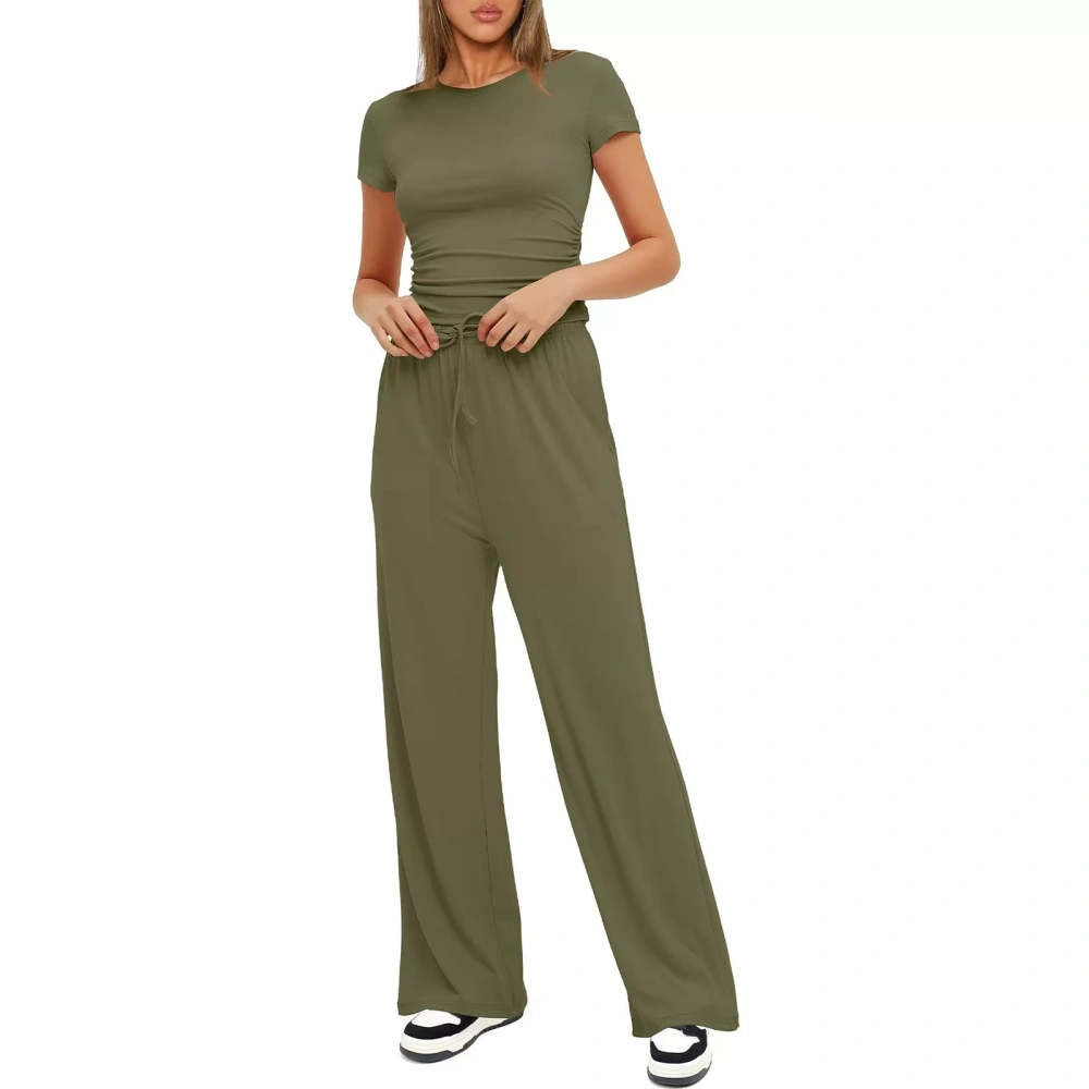 Women's 2 Piece Sports Outfits Sets Summer Short Sleeve Tops Wide Leg Pants Tracksuit