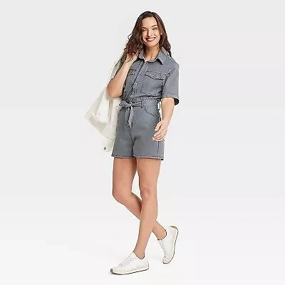 Women's Short Sleeve Denim Jumpsuit - Universal Thread Blue 4