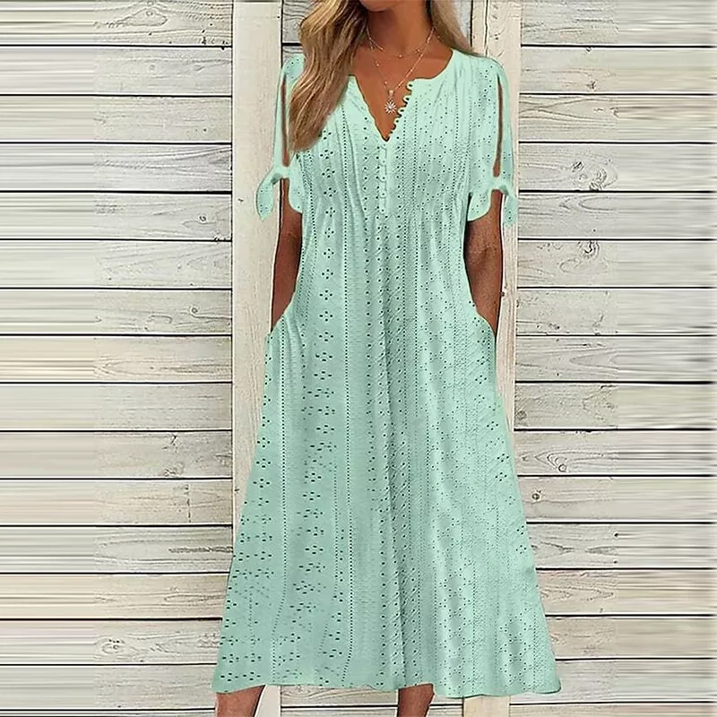 Ladies V Neck Long Dresses Women Summer Holiday Hawaiian Short Sleeve Sundress