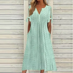 Ladies V Neck Long Dresses Women Summer Holiday Hawaiian Short Sleeve Sundress