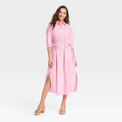 Universal Thread Women's Cinch Waist Midi Shirt Dress Cinched Waist, Pink, L