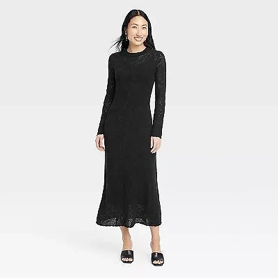 A New Day Women's Floral Pointelle Maxi Dress Long Sleeve, Black, XS
