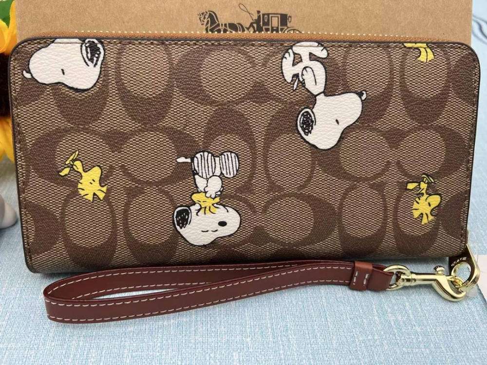 COACH x PEANUTS Long Zipper Wallet Snoopy Woodstock Khaki Signature F/S