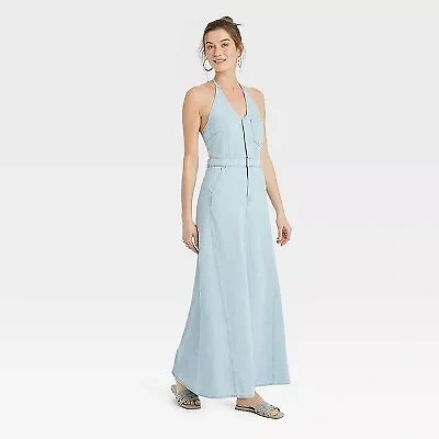 Universal Thread Women's Halter Summer Denim Maxi Dress, Light Blue, 8