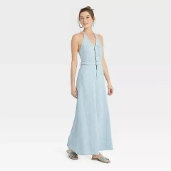 Universal Thread Women's Halter Summer Denim Maxi Dress, Light Blue, 8