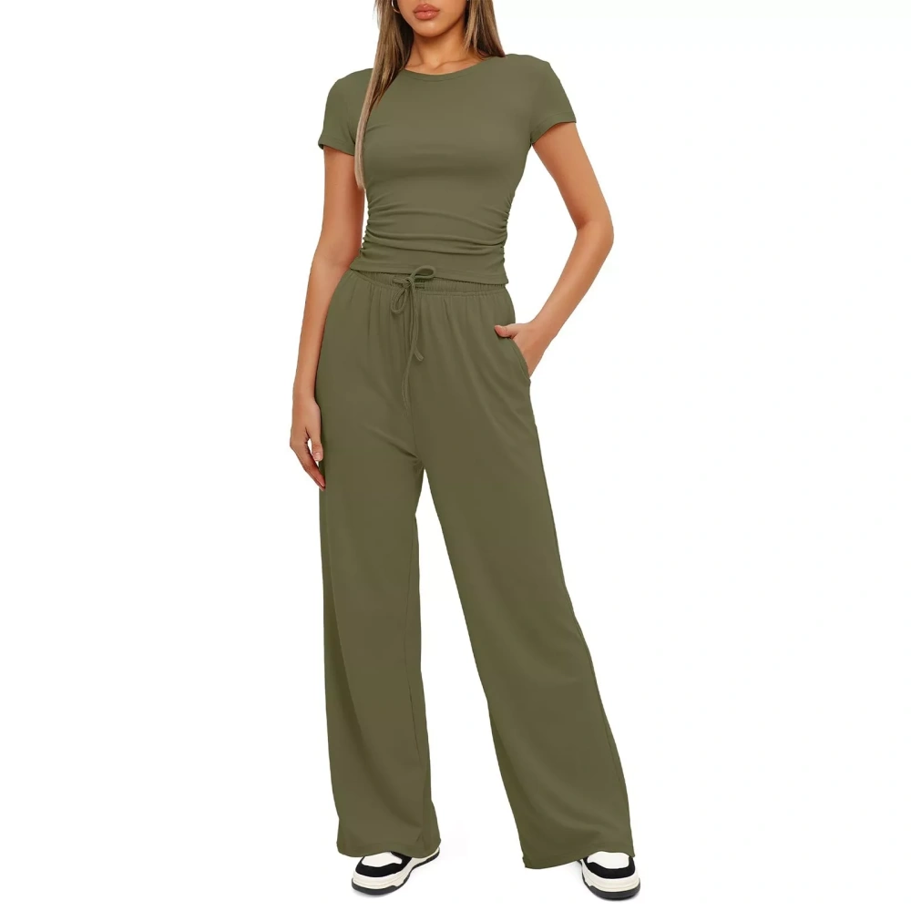 Women's 2 Piece Sports Outfits Sets Summer Short Sleeve Tops Wide Leg Pants Tracksuit