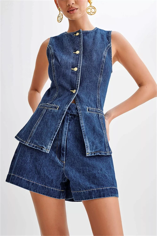 Women's Denim 2 Piece Set Sleeveless Jean Vest Tops and Shorts Outfit Tracksuits