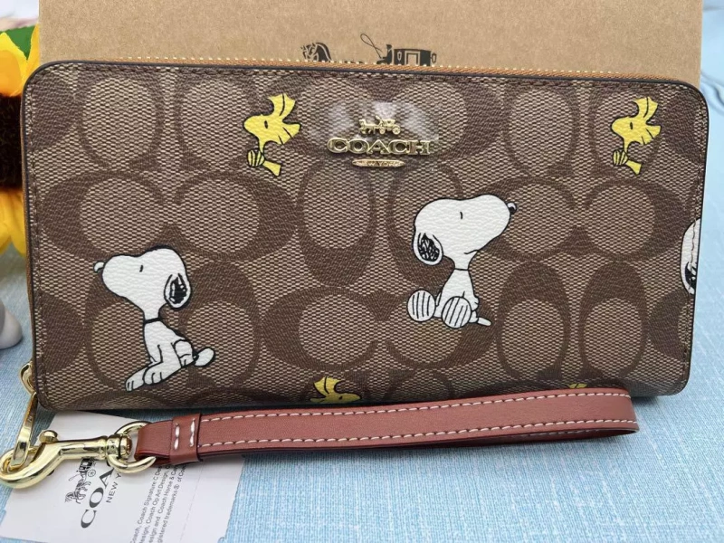 COACH x PEANUTS Long Zipper Wallet Snoopy Woodstock Khaki Signature F/S