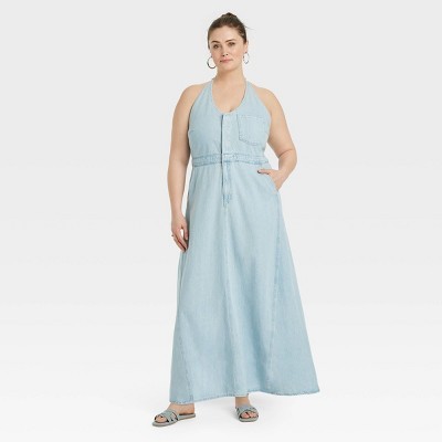 Universal Thread Women's Halter Summer Denim Maxi Dress, Light Blue, 8