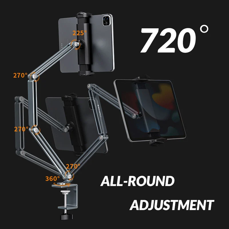 Tablet Desk Clamp Stand Long Arm 720° Swivel Compatible For 4"-13" Devices