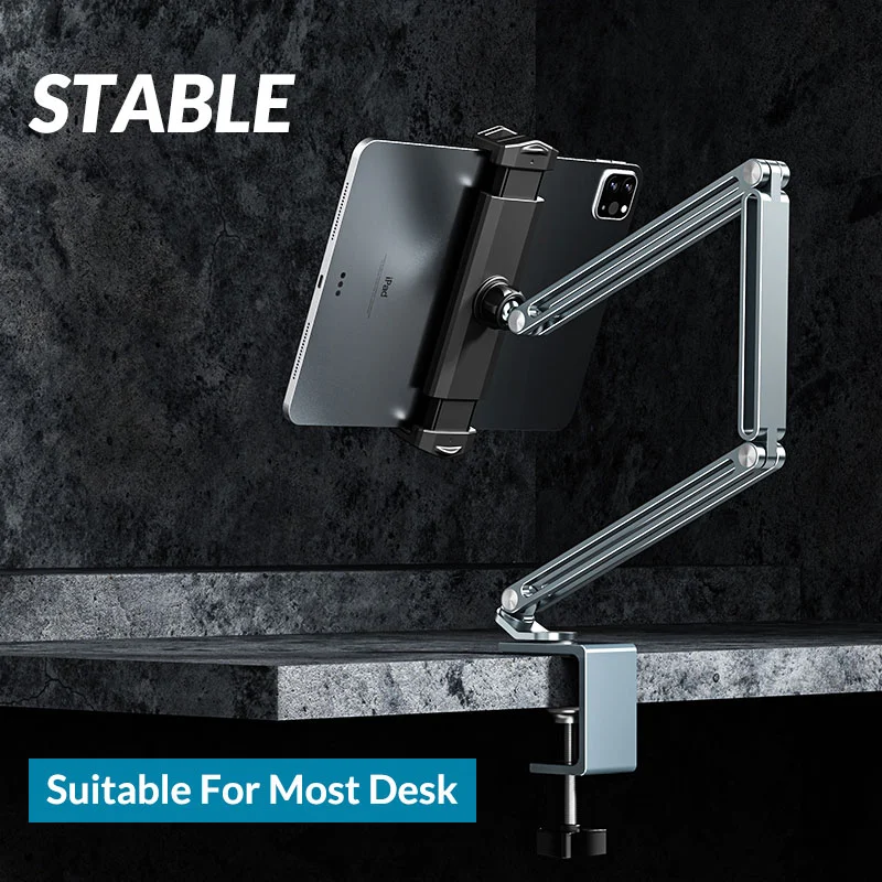 Tablet Desk Clamp Stand Long Arm 720° Swivel Compatible For 4"-13" Devices