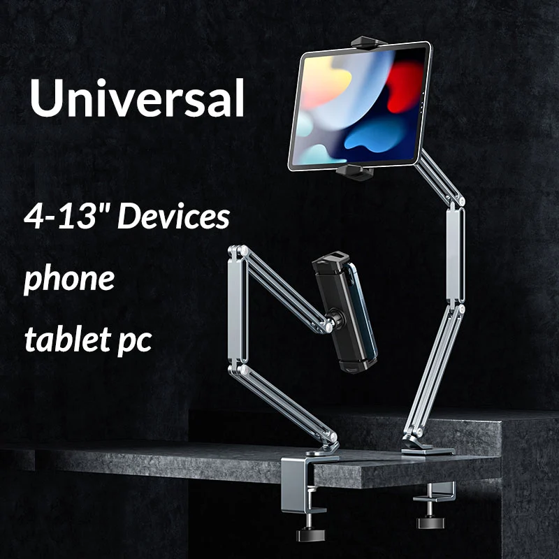 Tablet Desk Clamp Stand Long Arm 720° Swivel Compatible For 4"-13" Devices