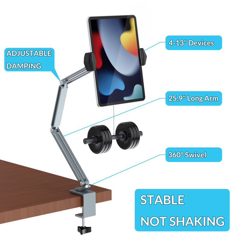 Tablet Desk Clamp Stand Long Arm 720° Swivel Compatible For 4"-13" Devices